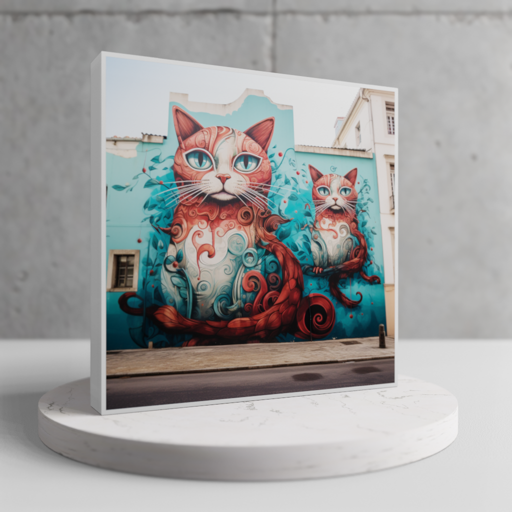 The 'Mystic Felines' art print in a standing position, revealing the intricate details and vibrant colors within a versatile frame.
