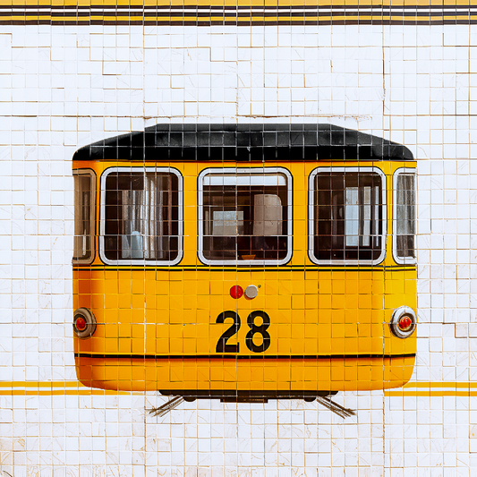 Generative AI street art of Tram 28 in Lisbon made of tiles