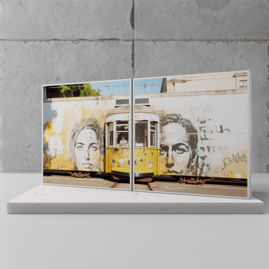 Close-up of 'Tramway Tales' diptych art print, standing display featuring Lisbon's iconic tram and street art.
