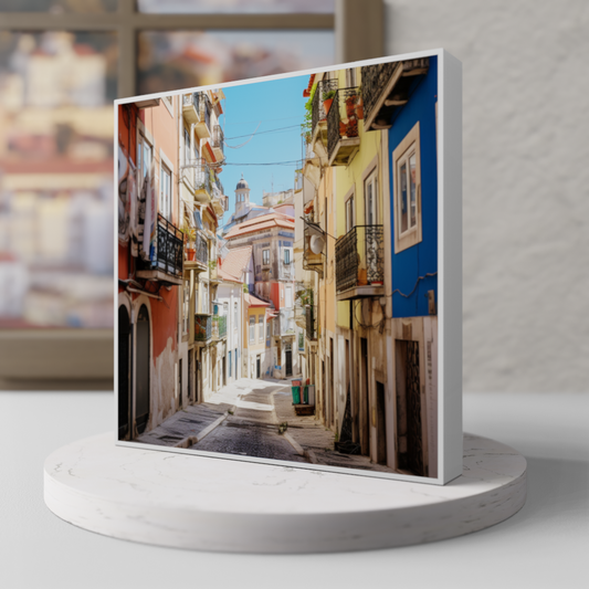 Alto Aura stands tall, showcasing the AI-generated beauty of Bairro Alto in a minimal frame, exemplifying Lisbon Handicraft in a modern display.