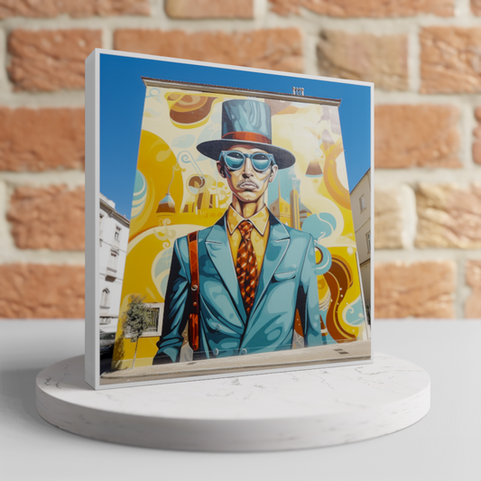 Close-up view of 'Chic Sentinel,' a standing Lisbon Art piece, encapsulated in a modern frame showcasing the sophistication of AI-generated Lisbon Souvenirs.