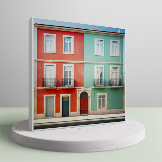 Up-close view of 'Colorful Divide' standing, a Lisbon Art print with a bold contrast of red and green façades, enclosed in a versatile frame ready to adorn any wall.