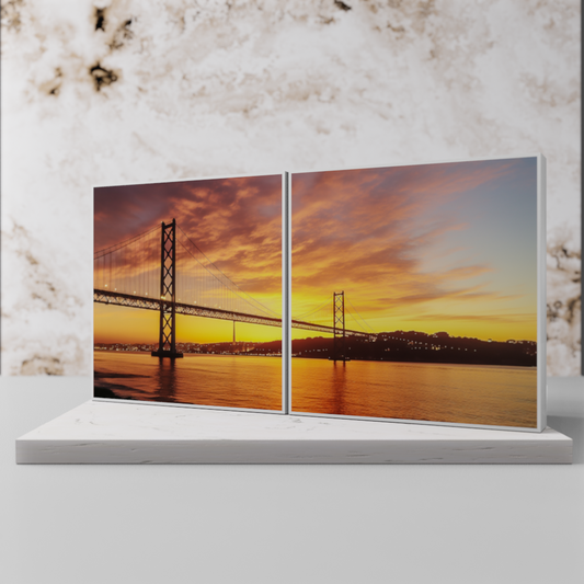 Standing close-up of 'Dusk Harmony,' showcasing the Lisbon Art Print's dual panels in a versatile frame, a unique depiction of Lisbon's iconic sunset.