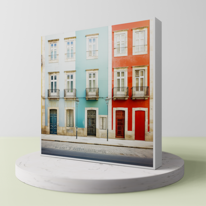 Close-up of 'Facade Harmony' standing, a Lisbon Art Print capturing the city's colorful architecture, elegantly presented in a minimal frame.
