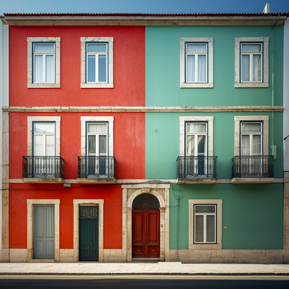 Bring home the 'Colorful Divide' Lisbon Art, an AI-rendered print that celebrates the city's architectural charm, all within a versatile and stylish frame.