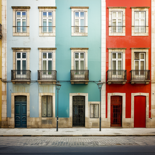 Facade Harmony' showcases a Lisbon Art Print of vivid building facades, representing the city's architectural beauty, all within a sleek minimal frame.
