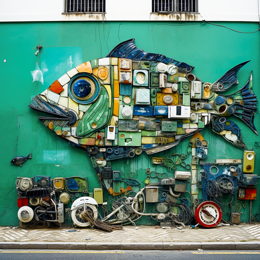 AI-generated Lisbon Art, 'Urban Aquatica,' a recycled material fish mural, in a sleek borderless frame, perfect as a Lisbon Souvenir or modern display.