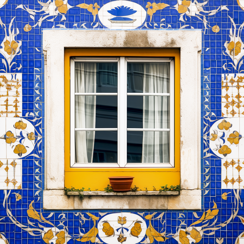 Lisbon inspired AI art featuring a colorful window and traditional azulejos, encapsulating the city’s historic charm