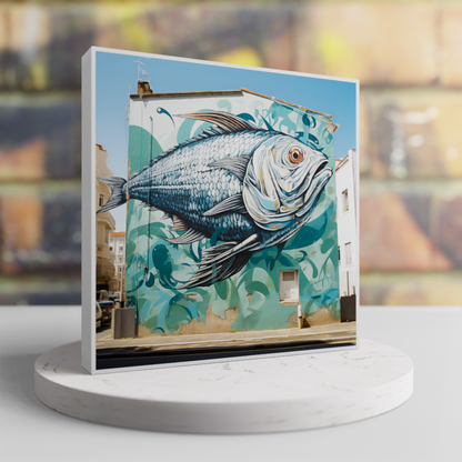 Close-up of the AI-generated fish art standing elegantly in its sleek, minimal frame.