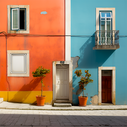 Orange and blue historic buildings in Lisbon, AI Art representation.