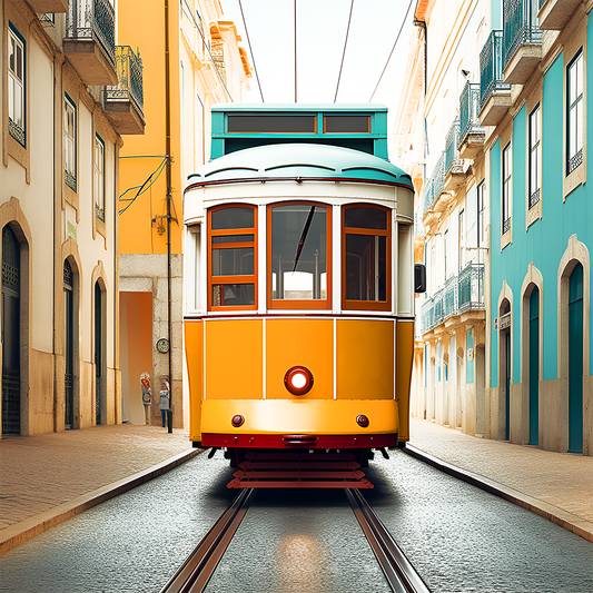 Classic yellow tram against pastel-colored buildings in a serene Lisbon street under a soft sky.