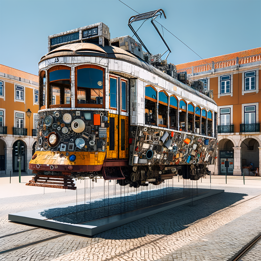 AI generated art of a mechanically deconstructed tram, symbolizing Lisbon's innovative spirit.