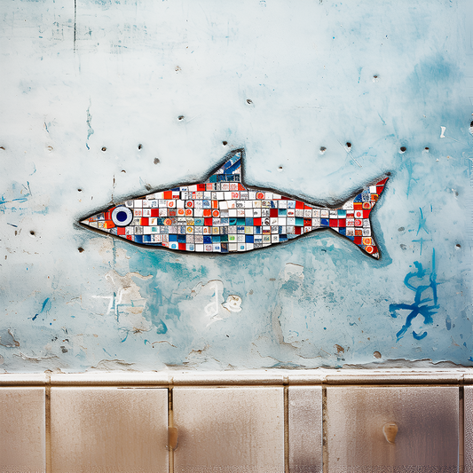 Generative AI art of a mini mosaic fish, inspired by the streets of Lisbon.