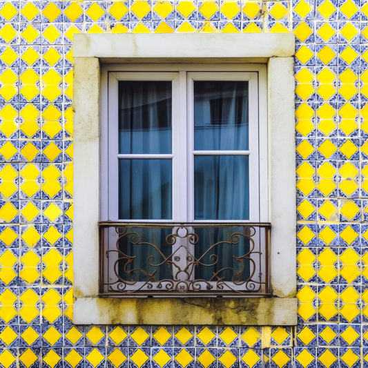 AI generated art of a vibrant Lisbon window, surrounded by a mesmerizing mosaic of historical tiles.