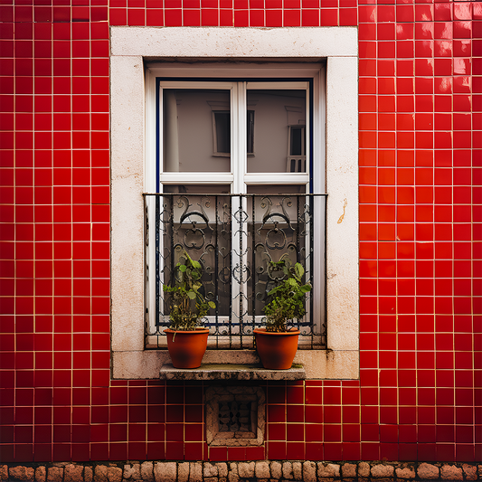 Lisbon's red-tiled building with a white-framed window and balcony, adorned by potted plants.