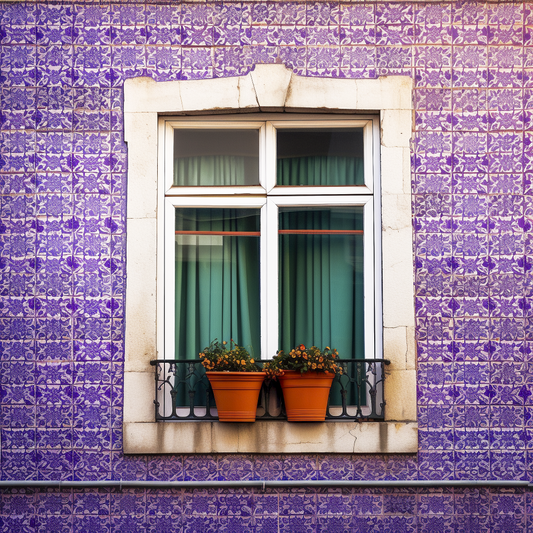Generative AI art print of a Lisbon window with purple tiles, embodying the city's regal charm and artistry.