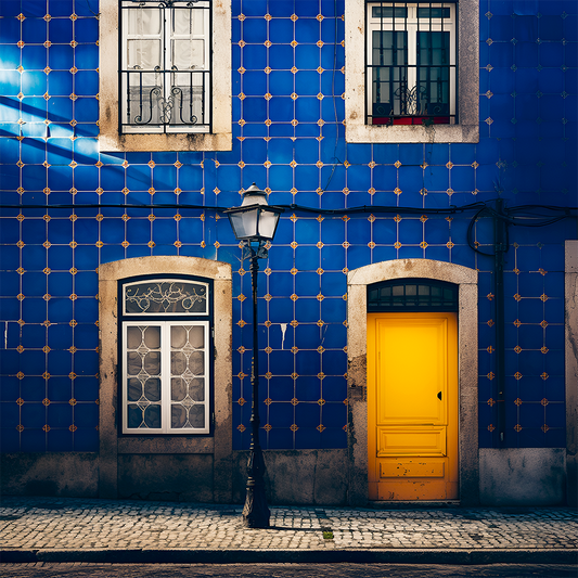 Vibrant yellow door set against a blue-tiled facade in Lisbon's streets, exemplifying Ai Art and Lisbon's traditional architecture.