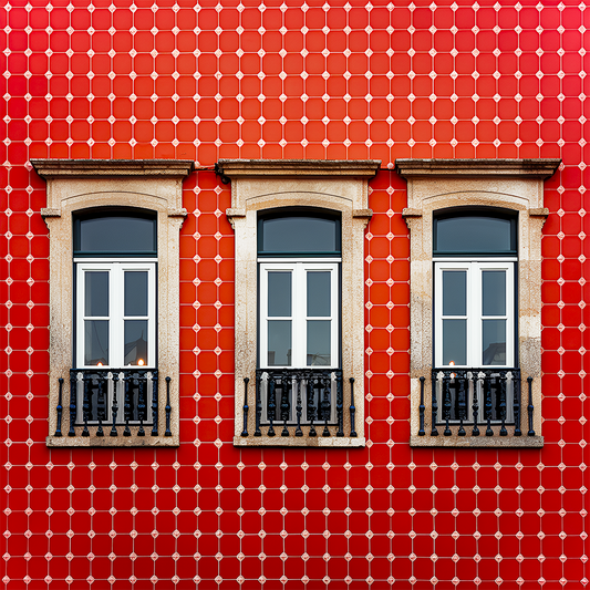 Three traditional Lisbon windows against a vibrant red honeycomb-tiled facade.