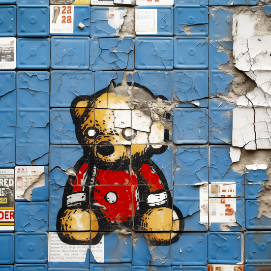 Generative AI art print of Lisbon's whimsical street art teddy bear against a blue tiled backdrop.