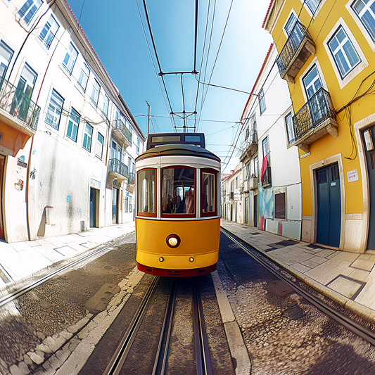 Tram journeying through a quiet Lisbon street illuminated by the soft glow of the setting sun.
