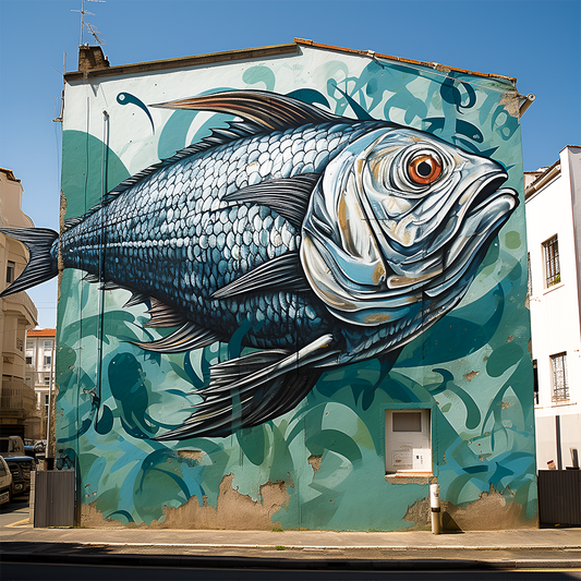 Generative AI art print showcasing a detailed sardine mural inspired by the streets of Lisbon.