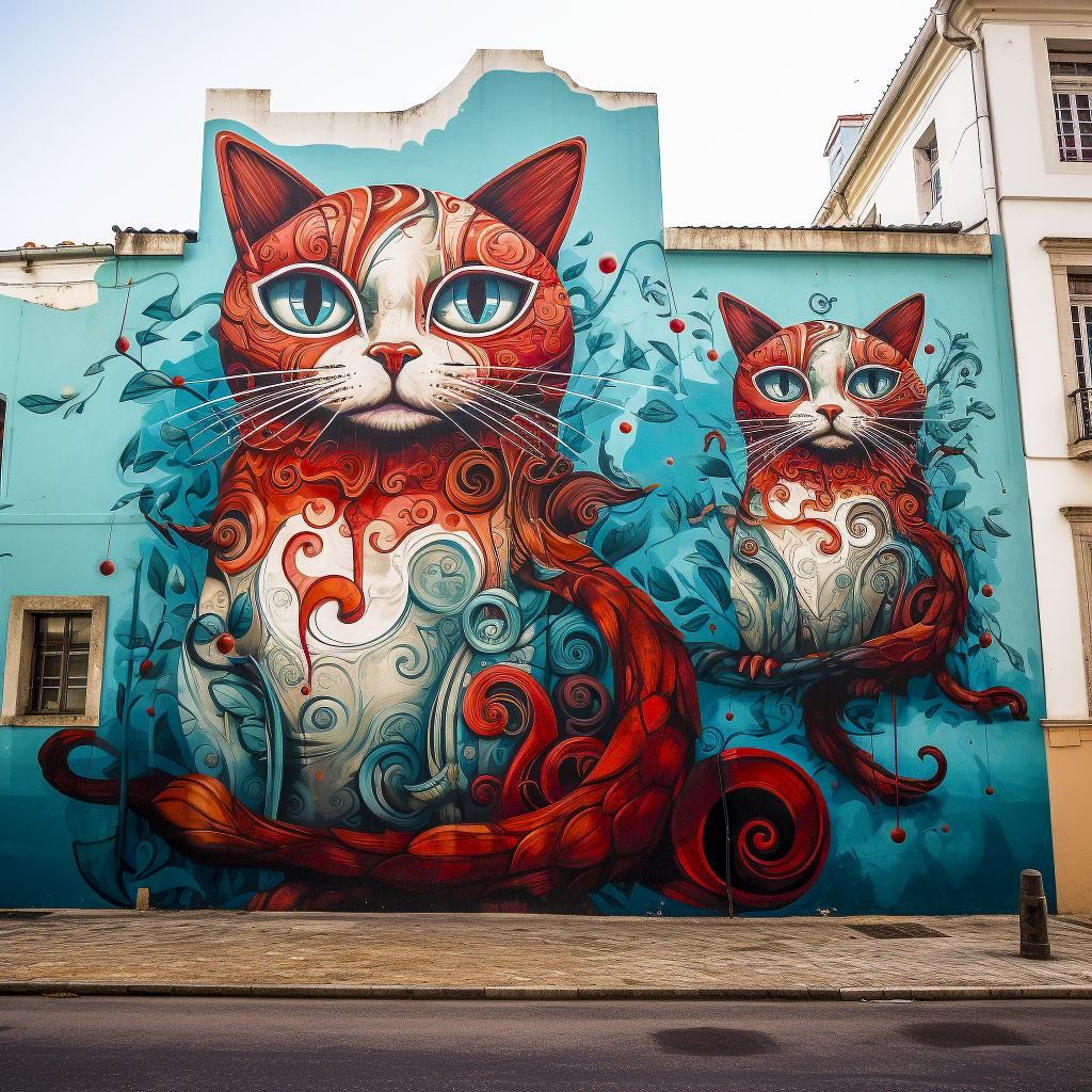 Generative AI art print 'Mystic Felines' showcases Lisbon's street art charm in a versatile, modern frame.