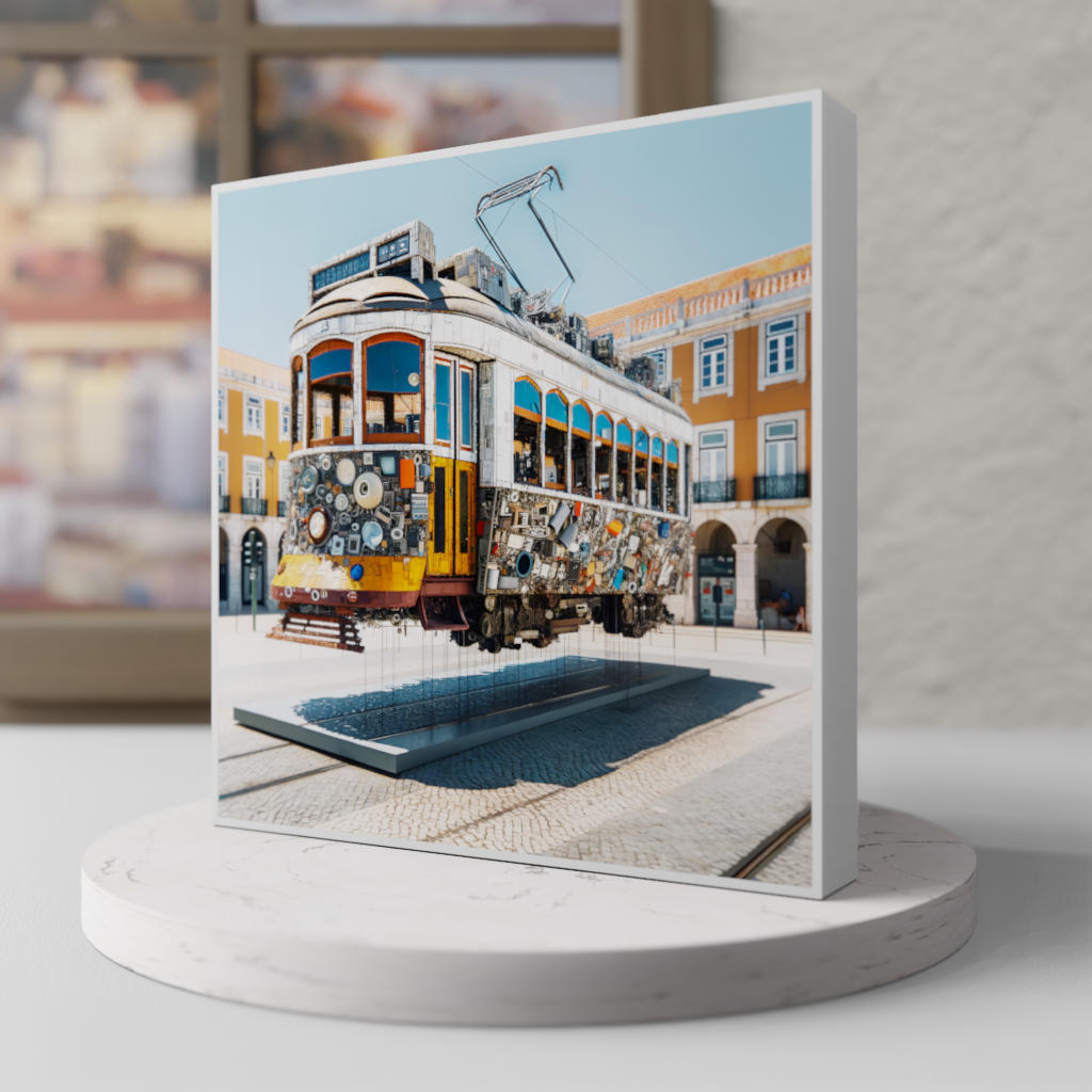 Innovative Lisbon tram art in a sleek, minimal frame, standing elegantly as a perfect gift or souvenir.